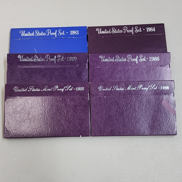 Six Assorted United States Mint Proof Sets: 1983, 1984, 1987, 1986, 1989, 1988
