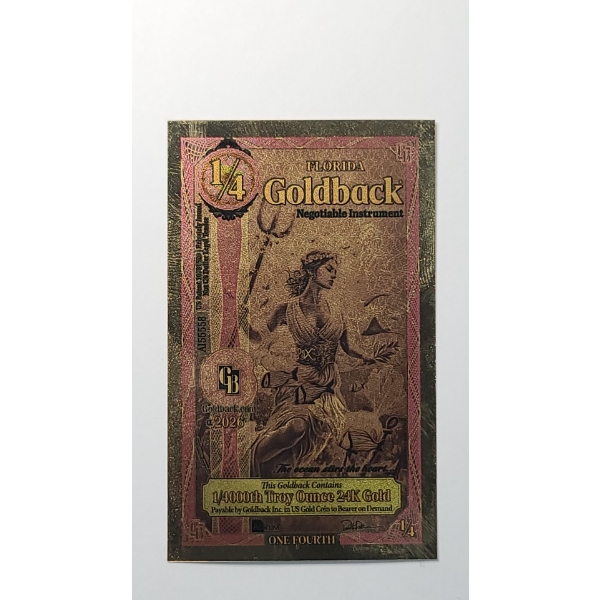2026 Florida 1/4 Goldback *Alpha Series* Pax 1/4000oz 24K Gold Foil Note - Serial A155558