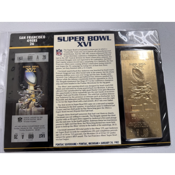 Authentic 1982 Super Bowl XVI NFL Football Ticket & 24K Gold Plated Ticket - Mint Condition