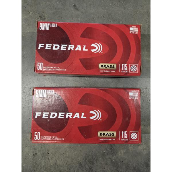 Two Boxes Of 50- Federal Centerfire 9MM Luger 115 Grain Brass Pistol Cartridges 