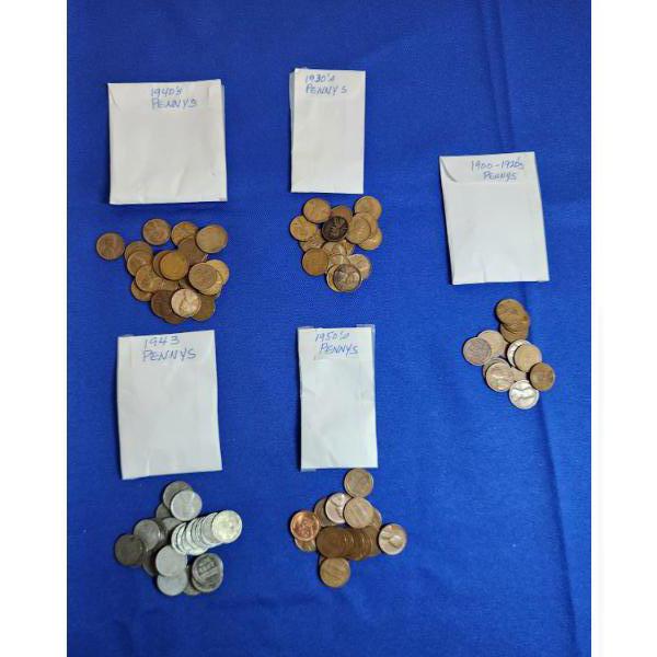 Assorted U.S. Cents: Including Early 1900's-1950's, Steel Cents, Wheat, & Memorial  FV: $0.98