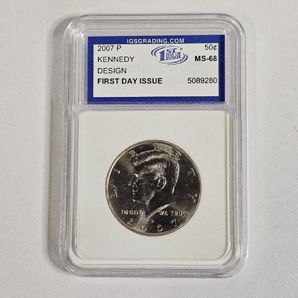 2007-P 90% Silver Kennedy Half Dollar in Encapsulated Holder Graded MS-68 First Day Issue by IGS
