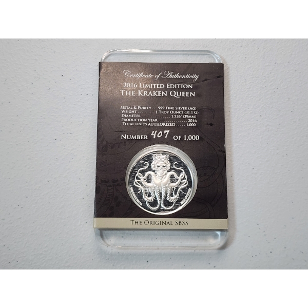 2016 Limited Edition The Kraken Queen 1 Troy oz .999 Fine Silver Round in Nice Display Slab