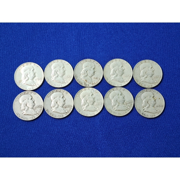 Lot of 10 Assorted Years Franklin Silver Half Dollars FV: $5.00