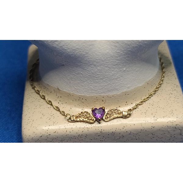 14K Yellow Gold 8" Filigree Amethyst Heart Bracelet - Weight: 1.7g