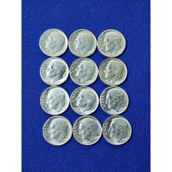 x12 Assorted Years 90% Silver Roosevelt Dimes Including BU-Like FV: $1.20