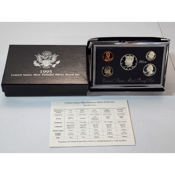 1993 United States Mint Premier Silver Proof Set with Display, Box, & CoA