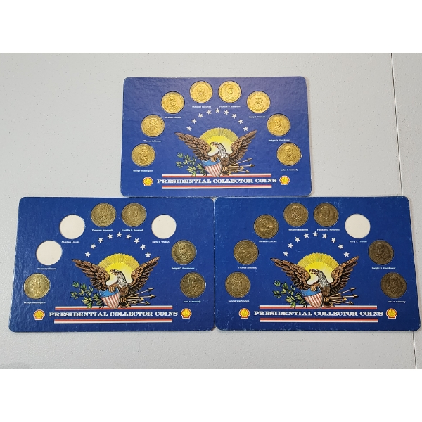 Lot of 3 Vintage Shell Presidential Collector Coin Sets Advertising Tokens - Some Partial