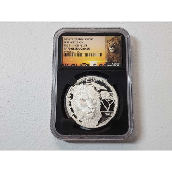 NGC 2014 Tanzania 1000S Serengeti Lion Big 5 - High Relief 1oz Silver Coin PF 70 ULTRA CAMEO