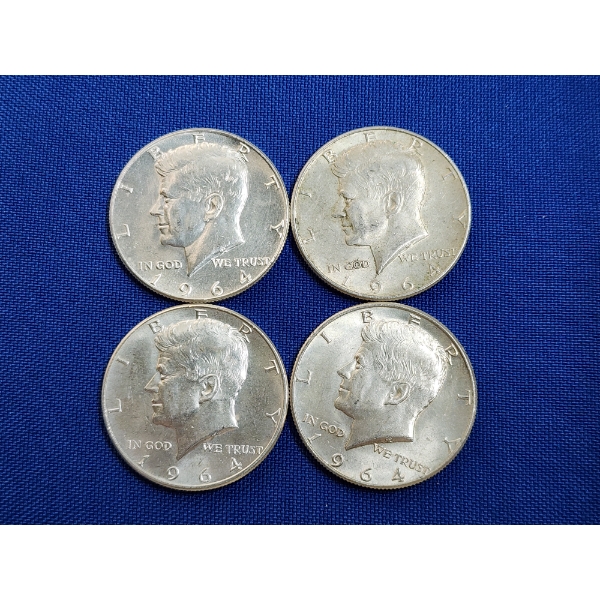 x4 1964 Kennedy Half Dollars - 90% Silver - Face Value: $2.00
