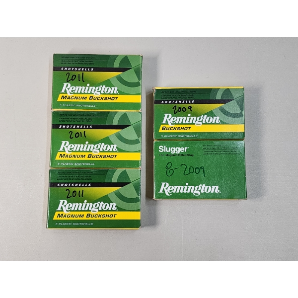 5 Full Boxes of Remington 12 Gauge Ammo - x3 3in Buckshot, x1 2/34in Buckshot, & x1 3in Slugs