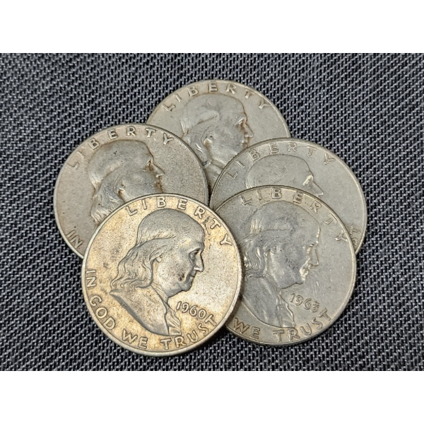 Five 90% Silver United States Franklin Half Dollars ~ $2.50 Face Value