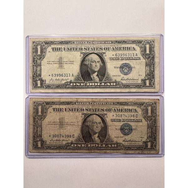 2 - 1957 United States $1.00 Washington Silver Certificates STAR NOTES - Hard To Find