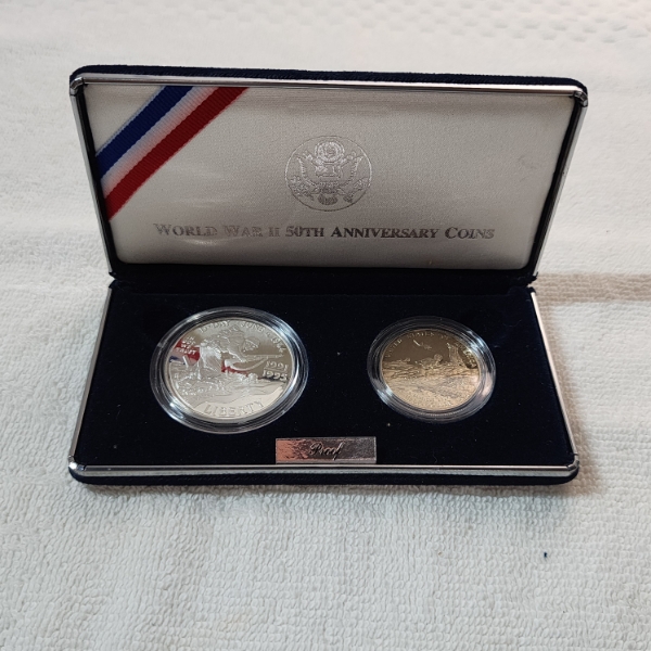 1991-1995 World War II 50th Anniversary Two-Coin Proof Set Including 90% Silver Dollar 