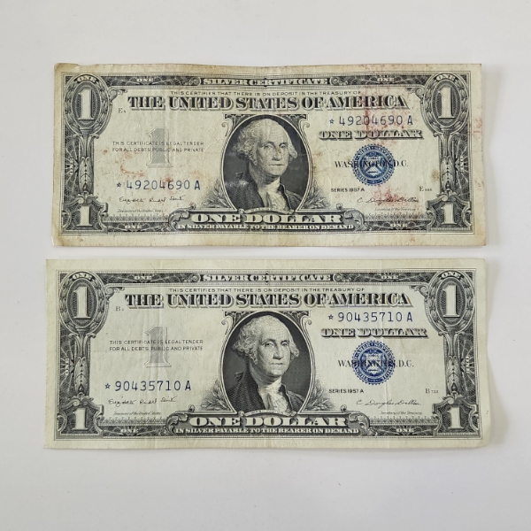 TWO United States Series 1957 A Blue Seal *STAR NOTES* $1 Silver Certificates - Face Value $2.00