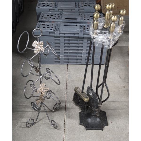 Pretty Metal Wine Holder And Like New Fireplace Tool Set 