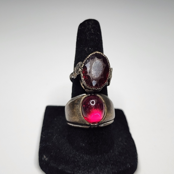 Two Sterling Silver Rings with Large Red/Deep Pink Gemstones - Total Weight: 14.5g