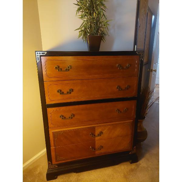 Men's Oriental Themed High Dresser / Chest Of Drawers - Two Tone Finish - Excellent - Measures: 50" 