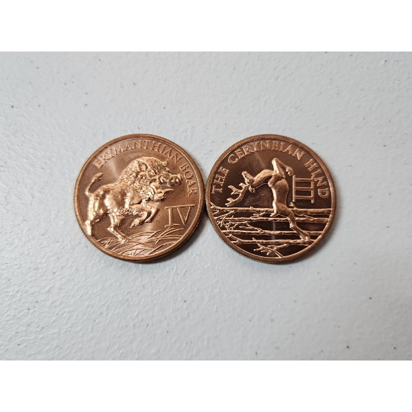 x2 1 oz Fine Copper Rounds: The Ceryneian Hind & Erymanthian Boar
