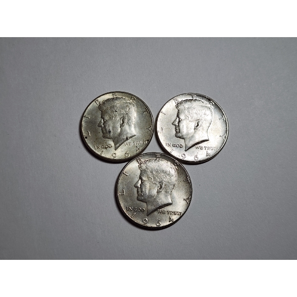 (3) 1964 90% Silver Kennedy Half Dollars