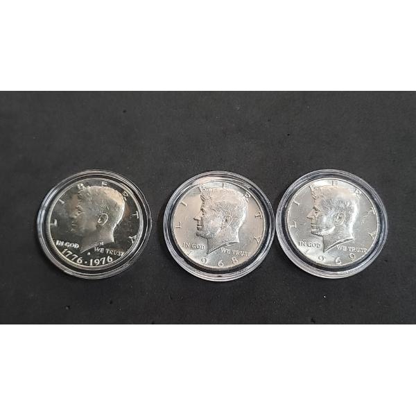 (3) 1776-1976, 1968, 1969 40% Silver Encapsulated Kennedy Half Dollars  - Face Value: $1.50