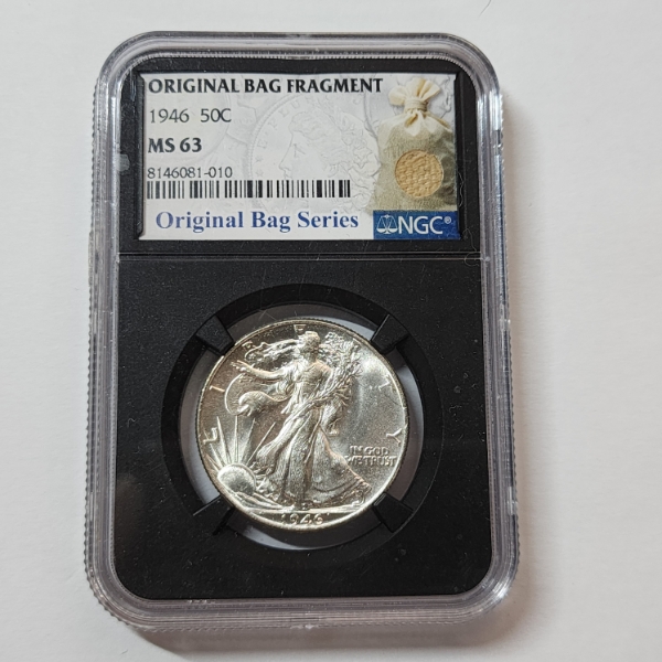 NGC MS63 U.S. 1946 90% Silver Walking Liberty Half Dollar w/ Original Bag Fragment 