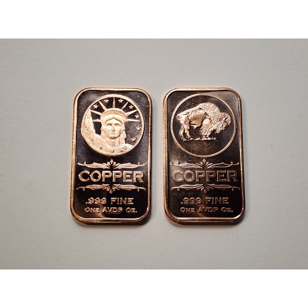 (2) 1 AVDP ounce .999 Fine Copper Bars ft. Buffalo Design & Statue of Liberty Design 2 oz Total