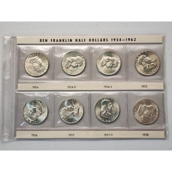 x8 Assorted Years 90% Silver Franklin Half Dollars In Nice Plastic Sleeves FV: $4.00