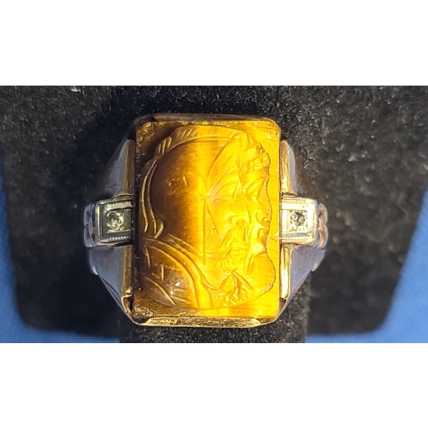 Men's 10K Gold Carved Cameo Ring With Tiger's Eye & Diamonds - Size 9.5 - Weight: 5.2g