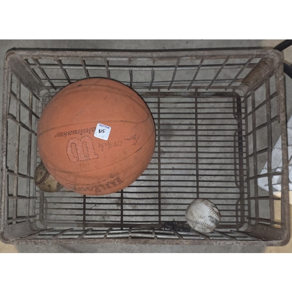 Basketball, 2 Baseballs in Metal Ball Crate