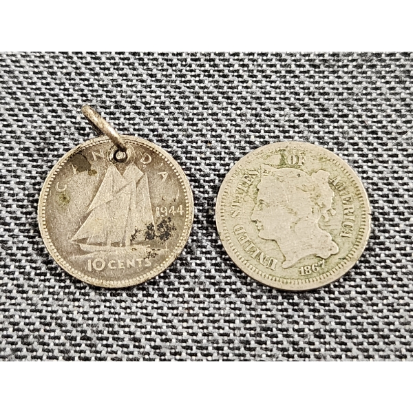 1944 Silver Canadian Dime & 1867 U.S. Three Cent Coin 
