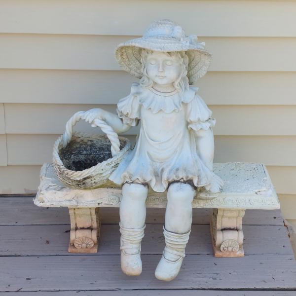 Outdoor Yard Decor - 2 Pcs  Girl Sitting On Bench With Basket 26" Tall - Bench is 24" Long