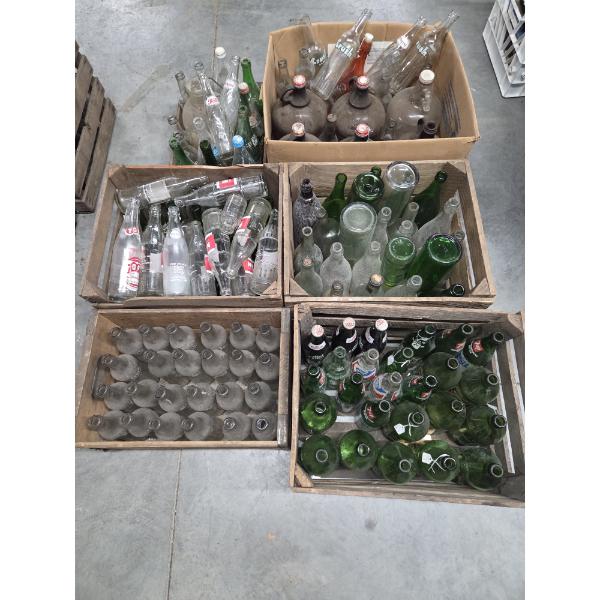 Huge Vintage Glass Bottle Collection In Vintage Wood Crates