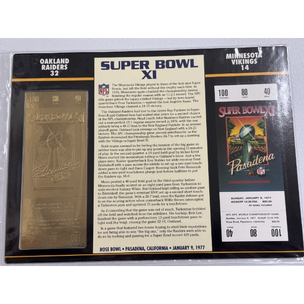 Authentic 1977 Super Bowl XI NFL Football Ticket & 24K Gold Plated Ticket - Mint Condition
