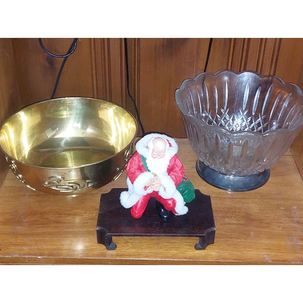3 Pc Group AS Shown - Antique Silverplate Mounted Depressin Glass Bowl - Brass Bowl & Santa Figure