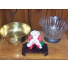 Image 1 : 3 Pc Group AS Shown - Antique Silverplate Mounted Depressin Glass Bowl - Brass Bowl & Santa Figure
