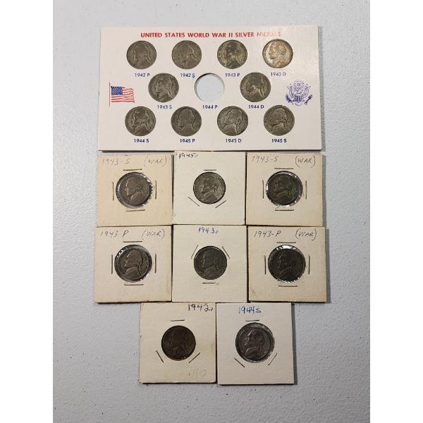 x18 Assorted Years/Mint Marks Wartime 35% Silver Nickels Including Display FV: $0.90
