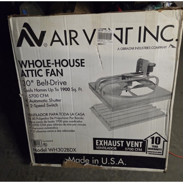 New In Box- Air Vent Inc. Whole House Attic Fan 30'' Belt Drive Cools Homes Up To 1900 Sq Ft.