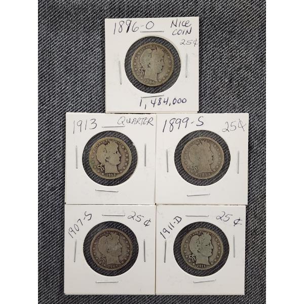 Five Assorted 90% Silver United States Barber Quarters ~ $1.25 Face Value!