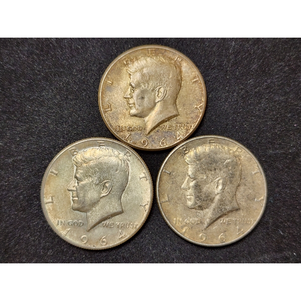 Three 90% Silver 1964 Kennedy Half Dollars - $1.50 Face Value