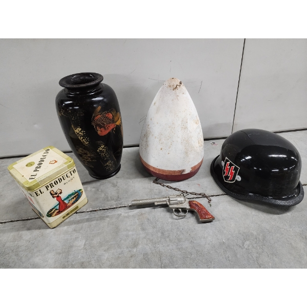 Lot of Antique Items: Vase, Pottery, German Helmet, Blunt Cigar Tin, Rodeo Cap Gun 