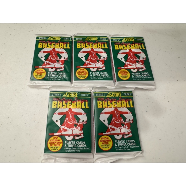  5 - 1991 Score Series 1 Unopened Baseball Card Wax Packs - Mint Condition - 16 Cards Per Pack