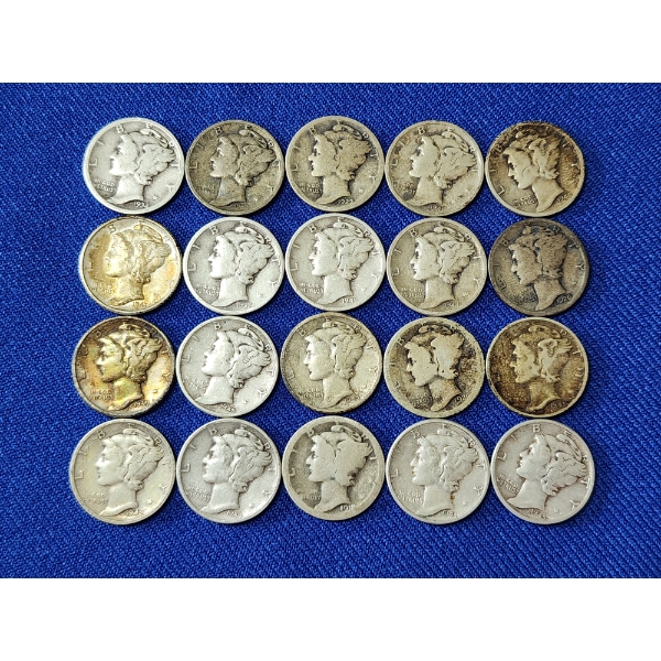 Lot of 20 Assorted Years Silver Mercury Dimes - 90% U.S. Silver - Face Value $2.00