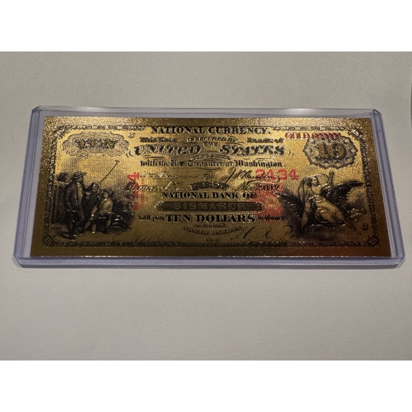 National Currency $10 Bismarck, North Dakota .999 Gold Foil Note In Holder - Mint Condition