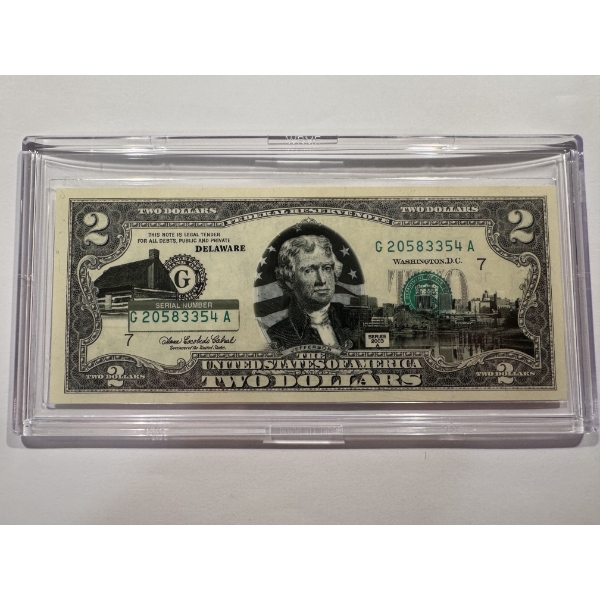 2003 United States Jefferson DELAWARE $2.00 Bill In Hard Case Holder - Mint Condition - RARE