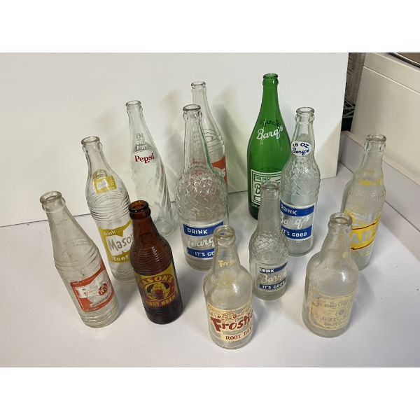  Miscellaneous Glassware - 12 total bottles - Frostie Root Beer - Pepsi - Barq's - Dad's - ETC.