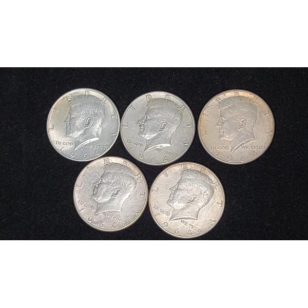(5) 1964 90% Silver Kennedy Half Dollars - Face Value: $2.50