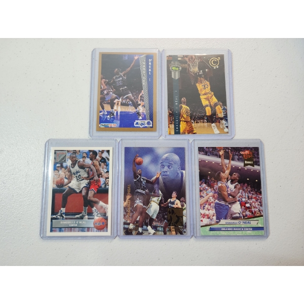 Five Assorted Shaquille O'Neal 1992-1994 Basketball Rookie Cards in Protective Holders 