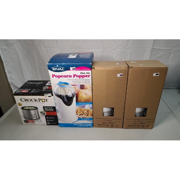 Brand New In Packaging Mini Crock-Pot, Popcorn Popper & 40 0z Tumblers