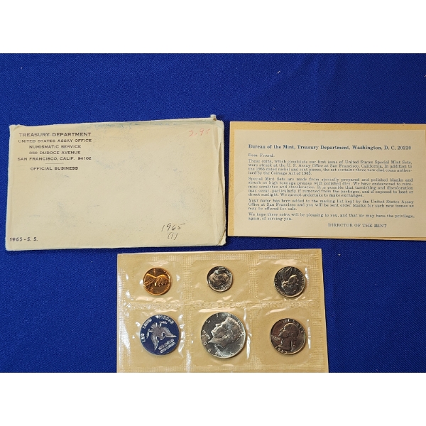 1965 Special Mint Set, 5 Coins Including 40% Silver Kennedy, with Original Envelope 